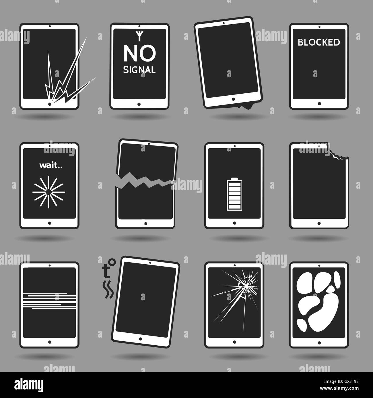 Ensemble de téléphones mobiles endommagées. Écran fissuré, cassé cas, les dommages causés par l'eau, erreur de logiciel, batterie faible, de surchauffe Illustration de Vecteur