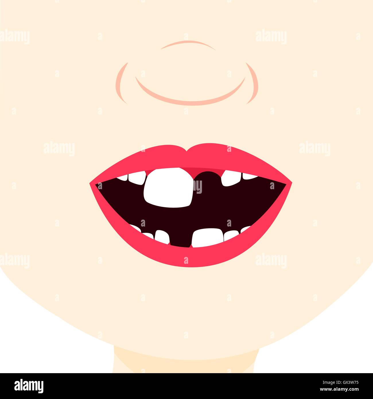 Enfant édenté souriant et montrant des dents de lait et les dents permanentes en éruption. Close up dans la bouche. Illustration de Vecteur