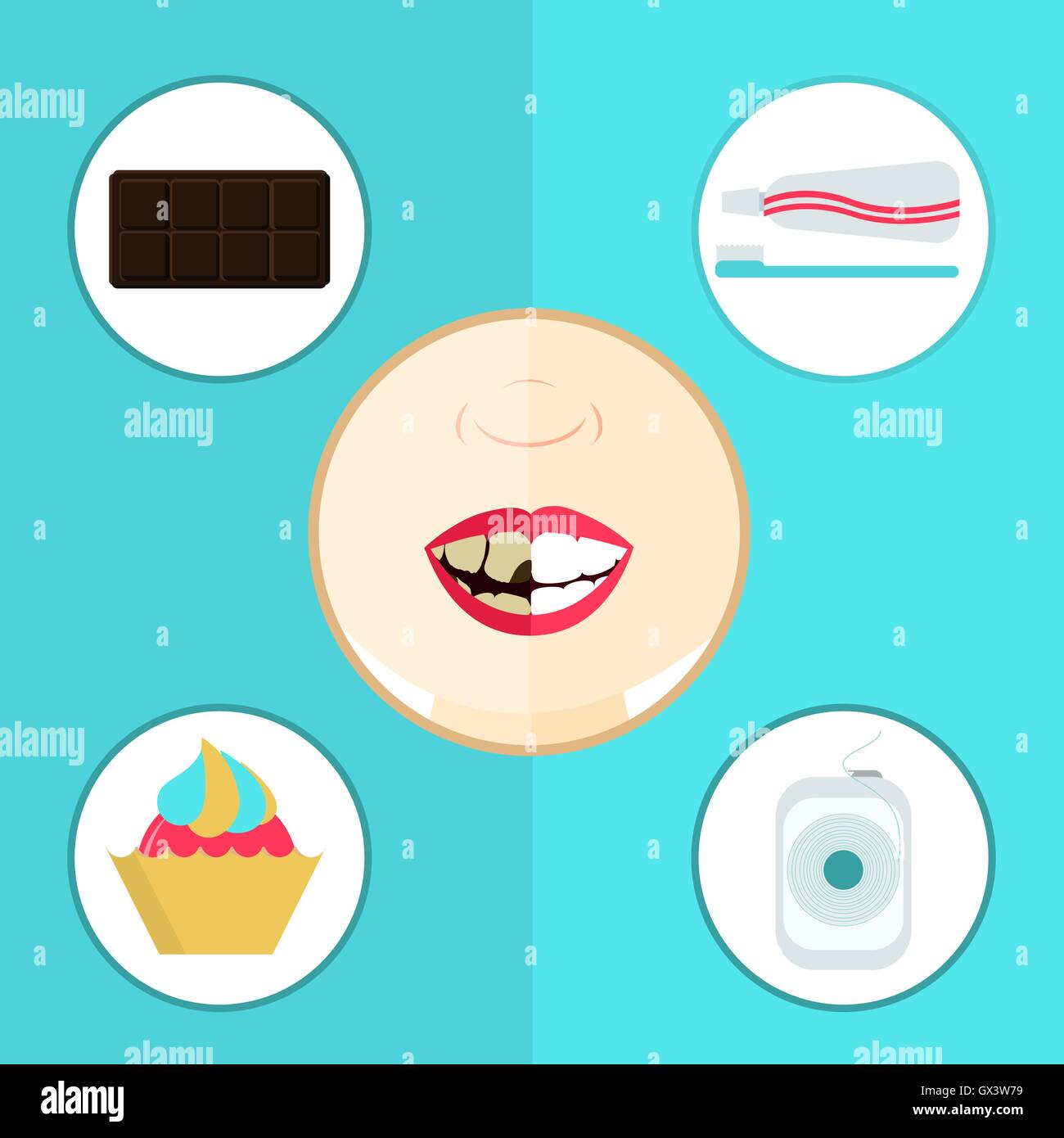 Comparaison entre les dents pourries et en bonne santé. Visage divisé en deux. Des dents cariées associés avec du chocolat, cupcake et des bonbons. Illustration de Vecteur