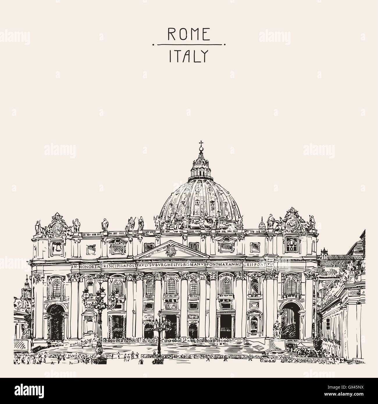 La cathédrale Saint-Pierre, Rome, Vatican, Italie. Dessin à la main Illustration de Vecteur