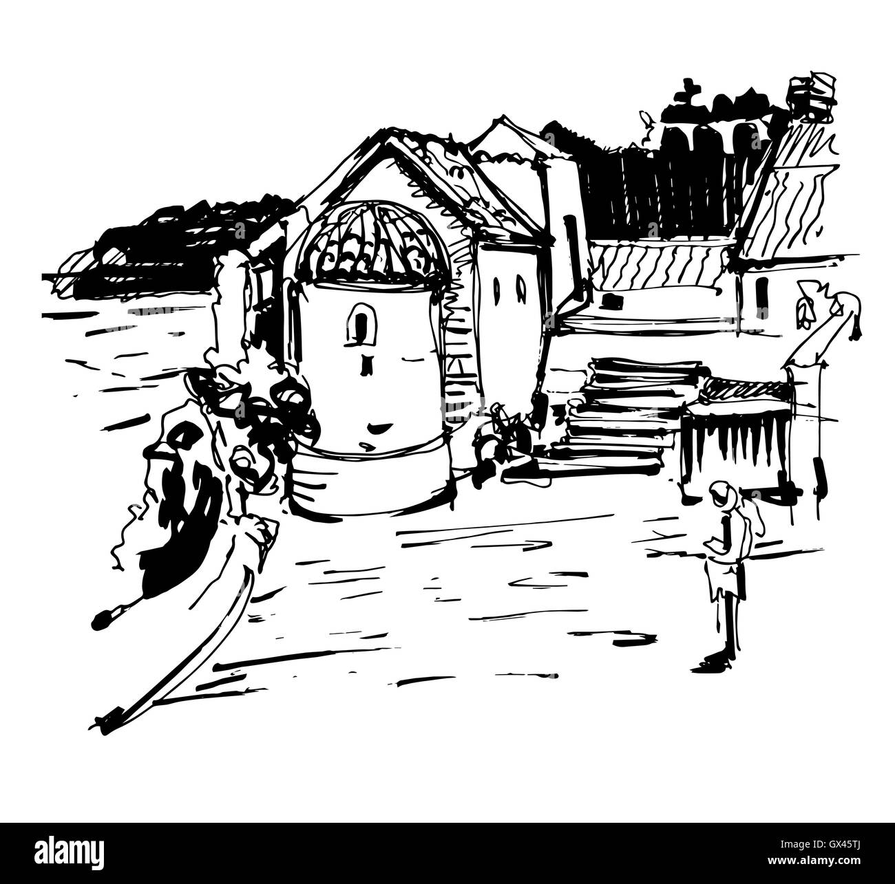 Noir et blanc Encre esquisse de la tour historique de Budva Illustration de Vecteur