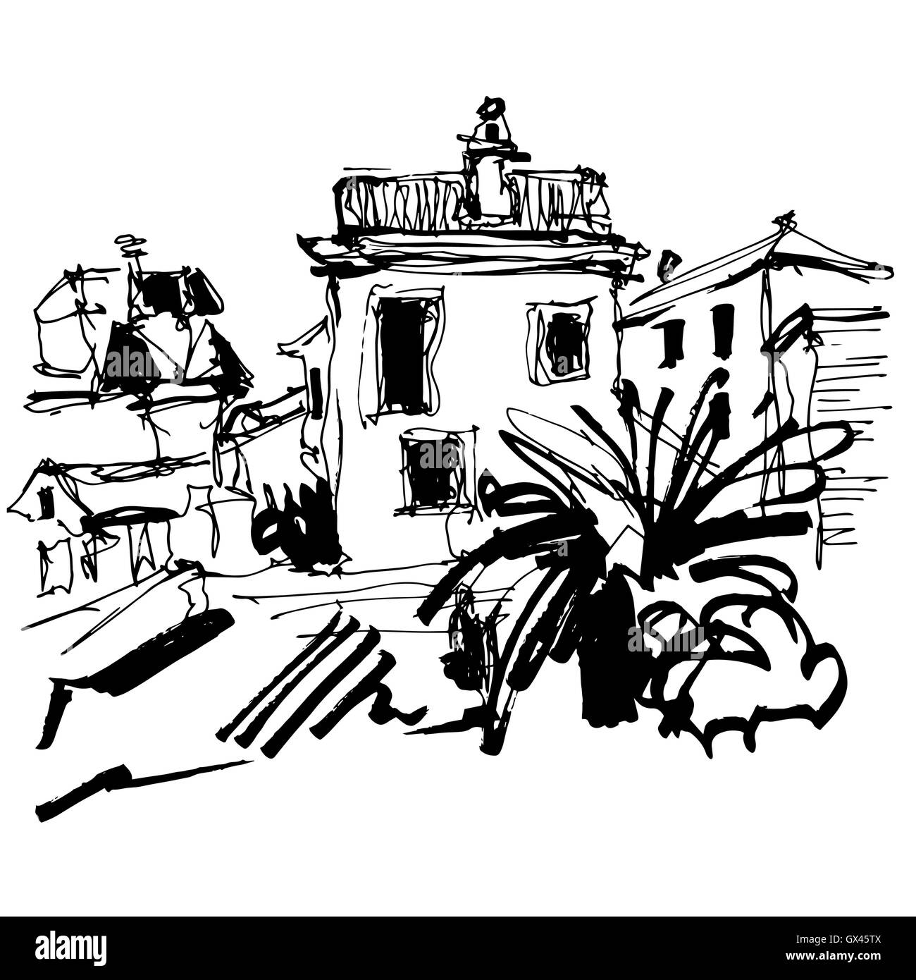 Esquisse du bâtiment historique avec palm à Budva Montene Illustration de Vecteur