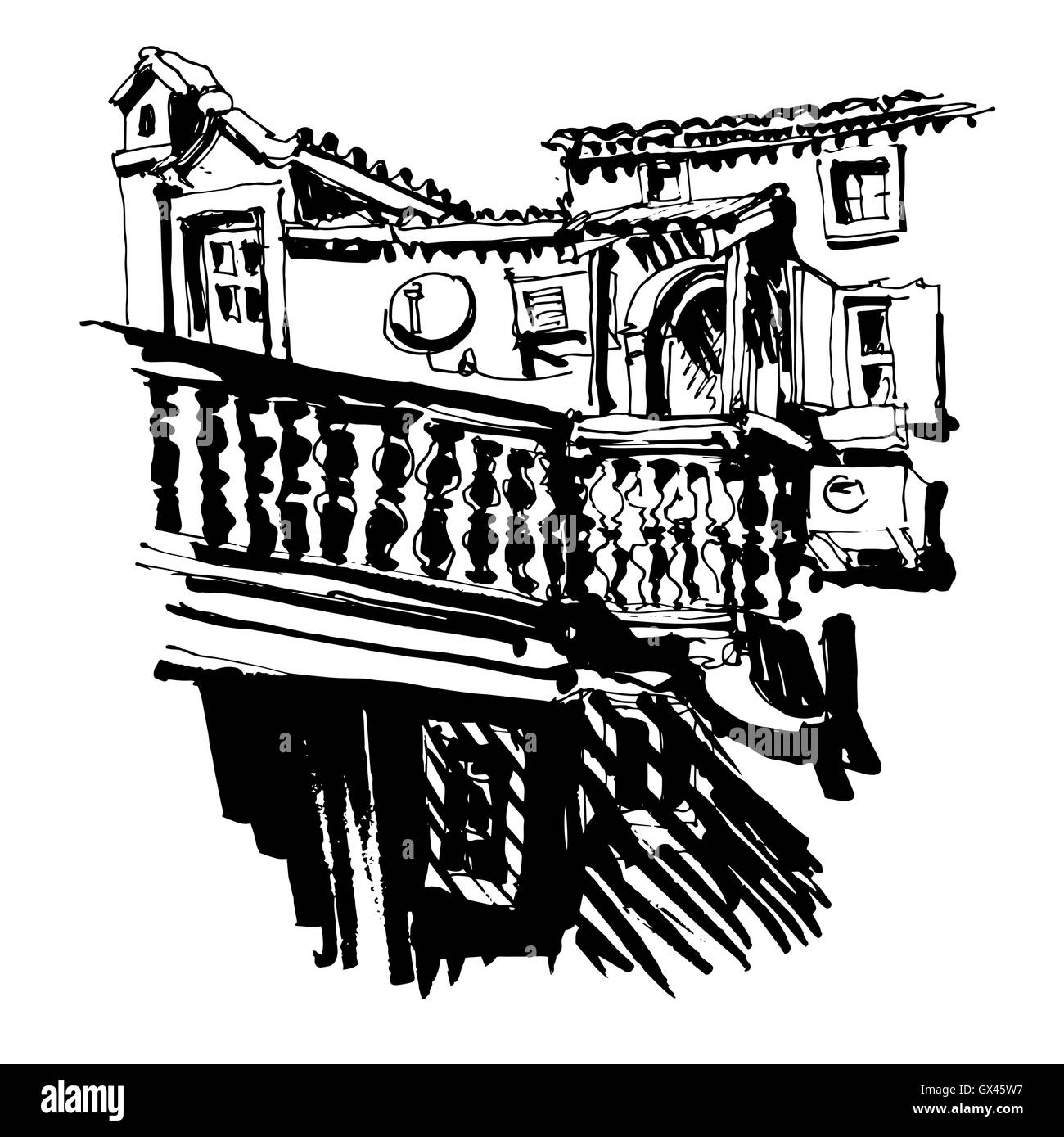 Croquis en noir et blanc du vieux bâtiment dans Budva Monténégro Illustration de Vecteur