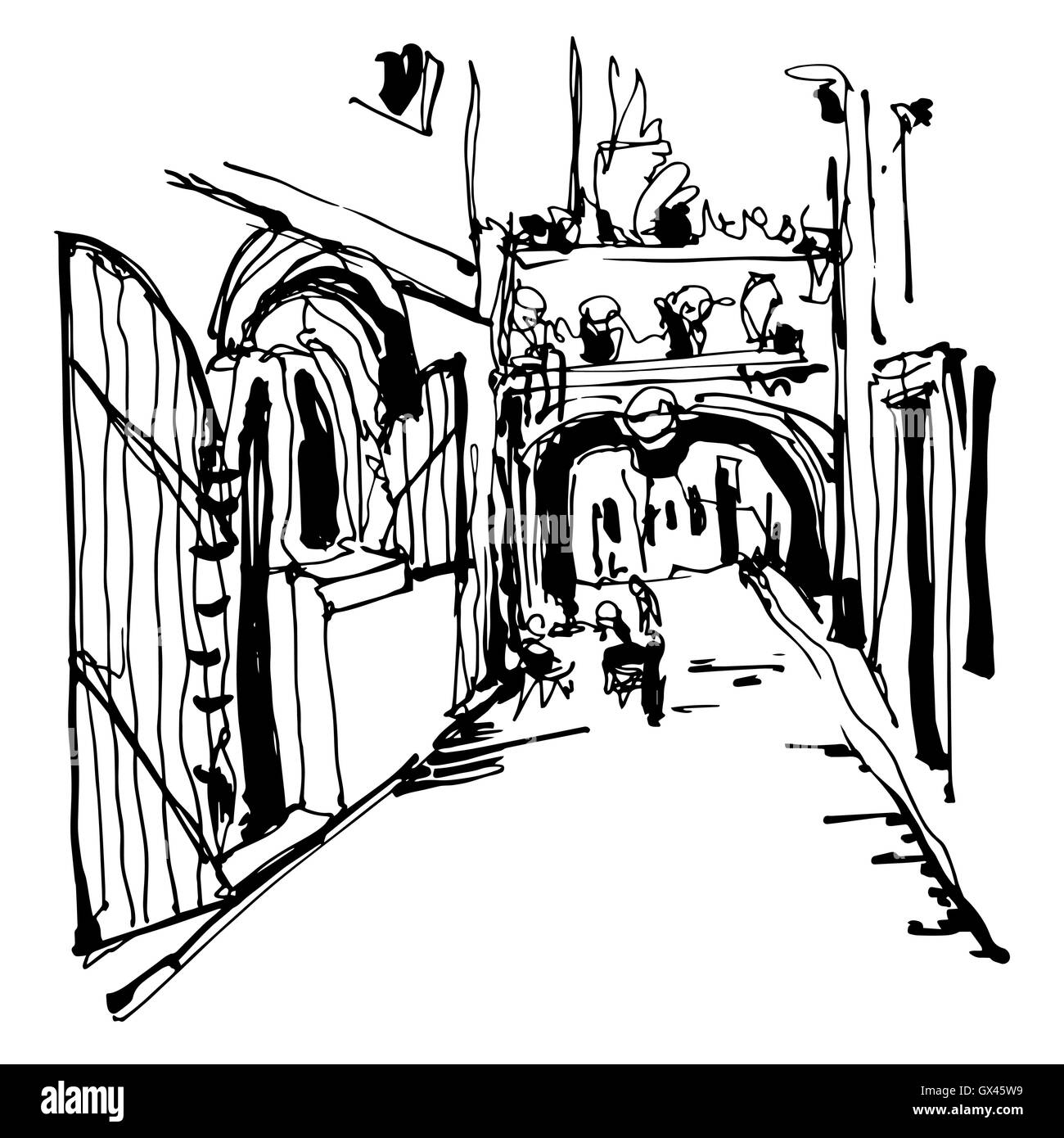 Dessin à l'encre de l'étroite rue pavée historique à Budva Montene Illustration de Vecteur