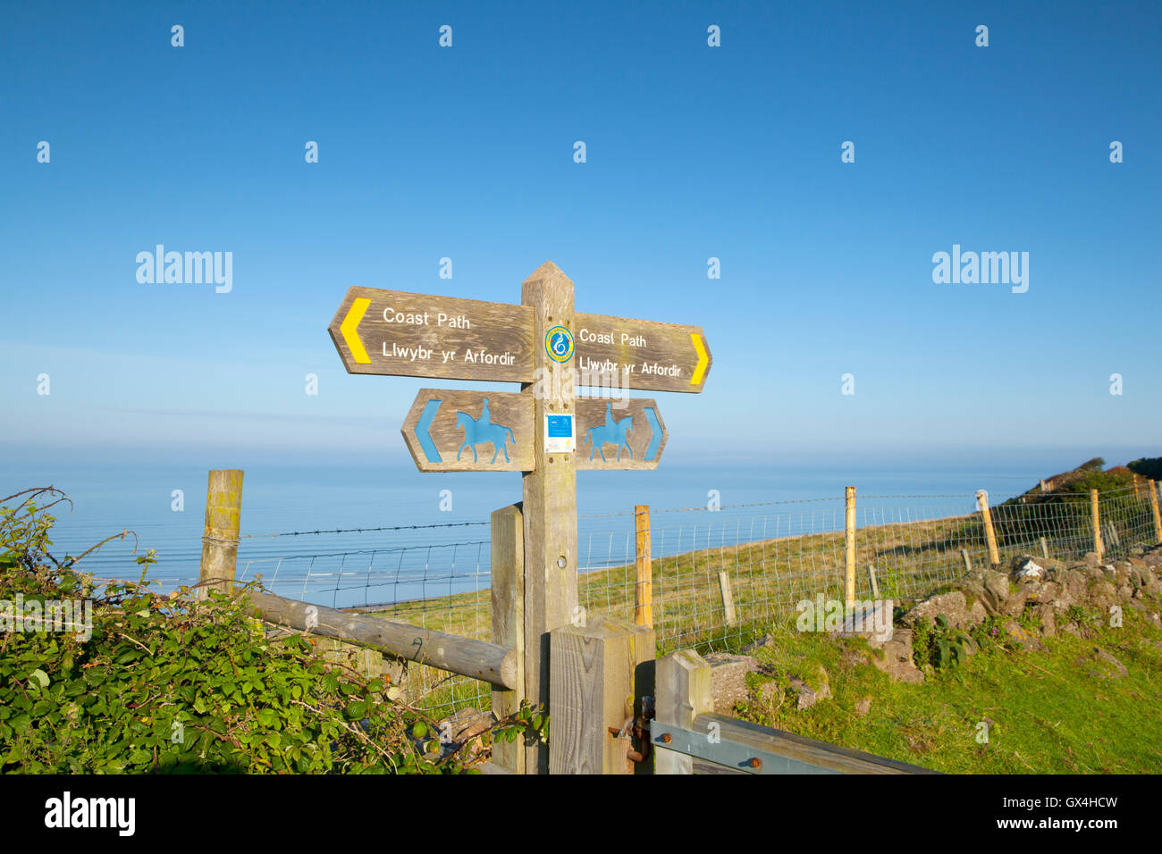 Sentier du littoral signpost, Rhossili Downs, Gower, Swansea, Pays de Galles Banque D'Images