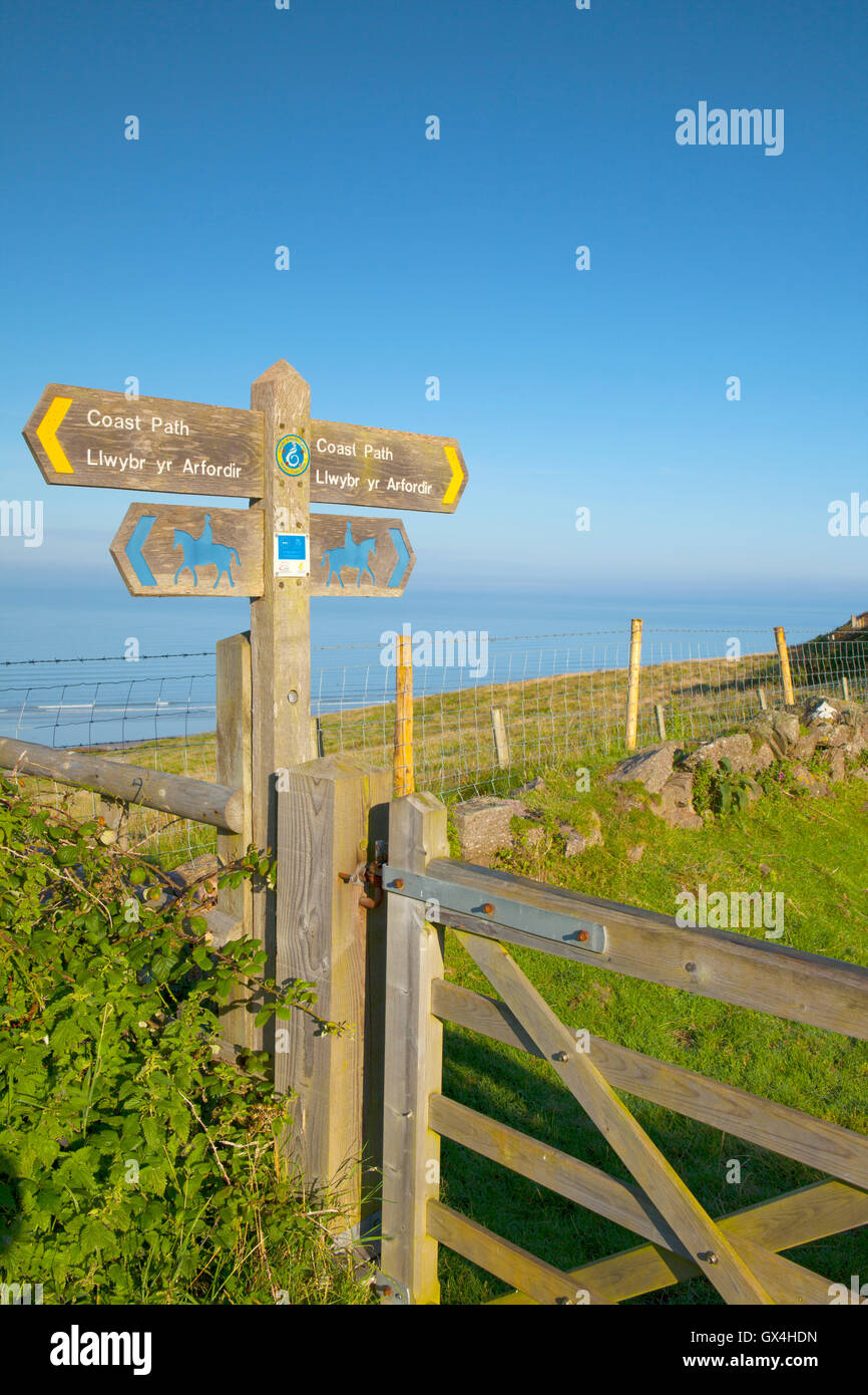 Sentier du littoral signpost, Rhossili Downs, Gower, Swansea, Pays de Galles Banque D'Images