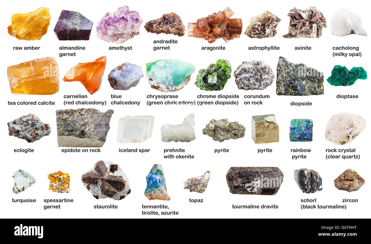 Diverses matières premières pierres précieuses et cristaux avec noms isolé  sur fond blanc Photo Stock - Alamy