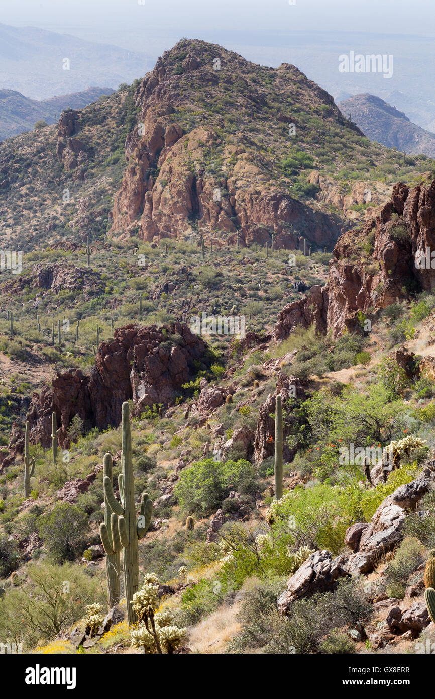 Grand des affleurements rocheux sur les montagnes du désert sans nom. Gila River Canyons, Arizona Banque D'Images