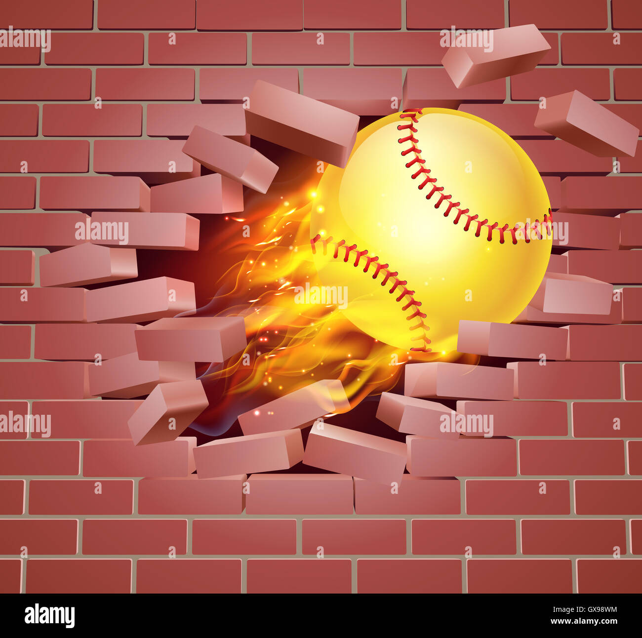 Une illustration d'une balle de softball jaune flamboyant en feu déchirant un trou à travers un mur de brique Banque D'Images