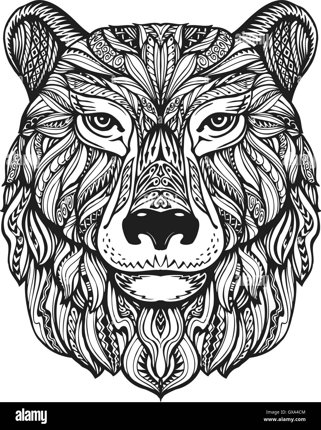 Tête d'ours grizzli ou isolé sur fond blanc. Hand drawn vector illustration avec éléments décoratifs Illustration de Vecteur