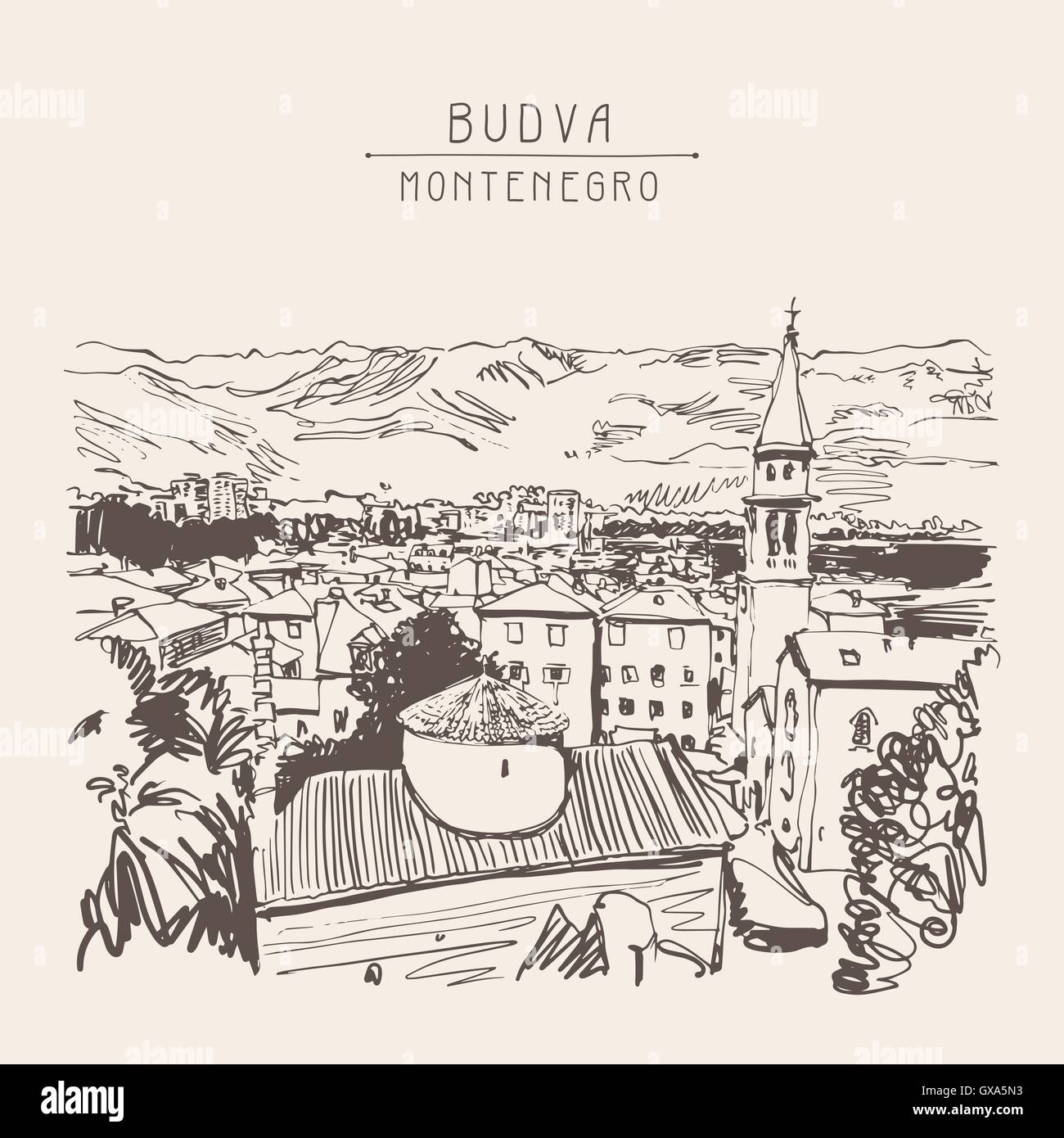Panorama de l'art croquis Budva Monténégro, vintage voyage carte postale Illustration de Vecteur