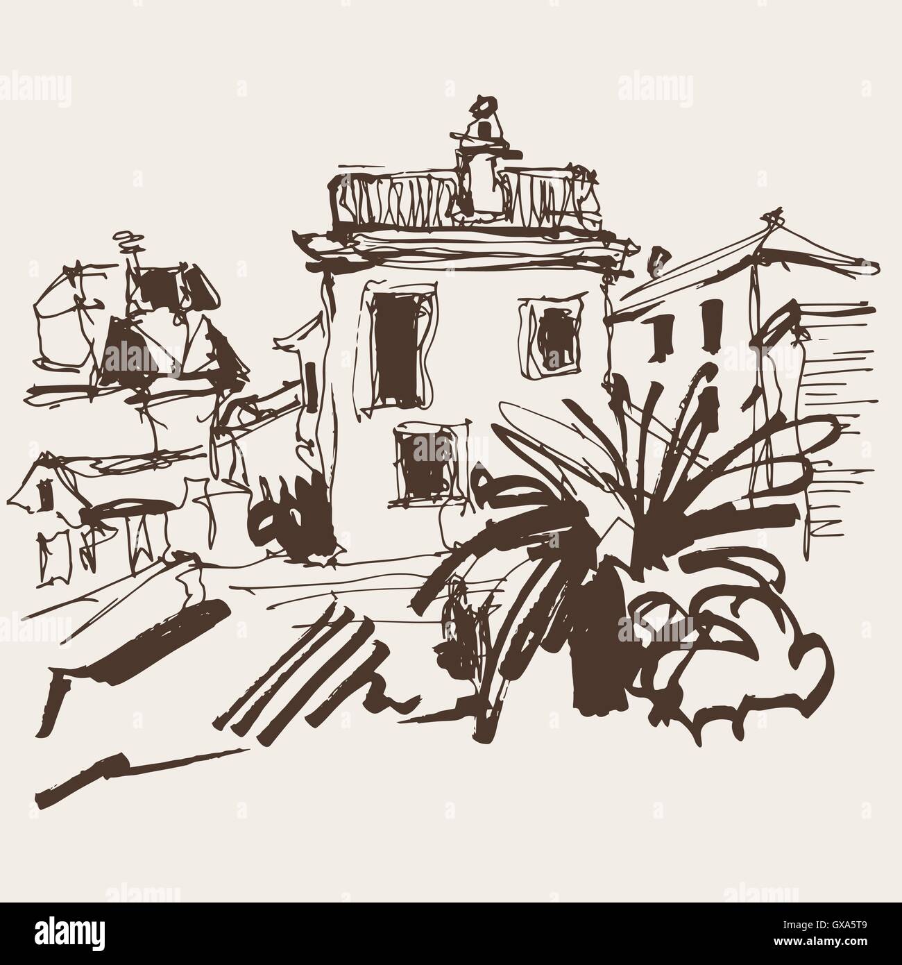 Esquisse du bâtiment historique avec palm à Budva Montene Illustration de Vecteur