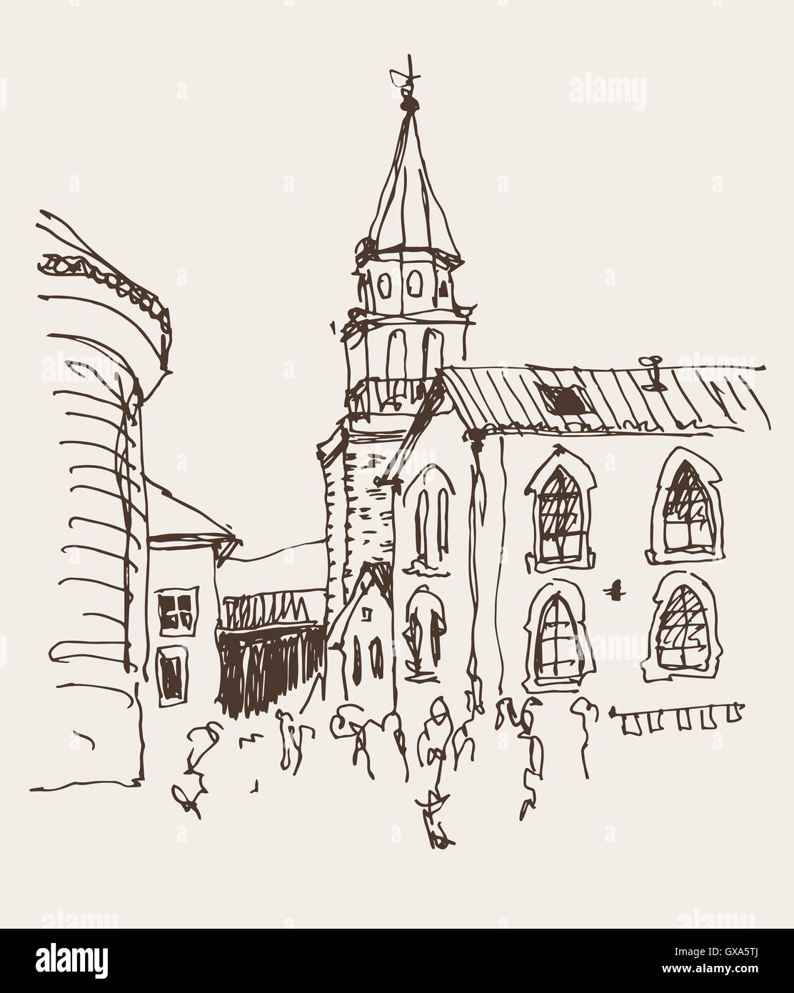 Esquisse de l'église clocher vu de dessus en vieille ville Bud Illustration de Vecteur