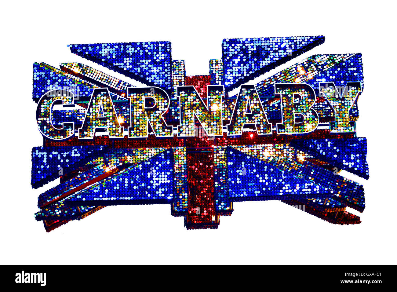 Londres, Angleterre, Royaume-Uni. Carnaby Street sign 3D sous la forme d'un Union Jack flag [découpe numérique] Banque D'Images