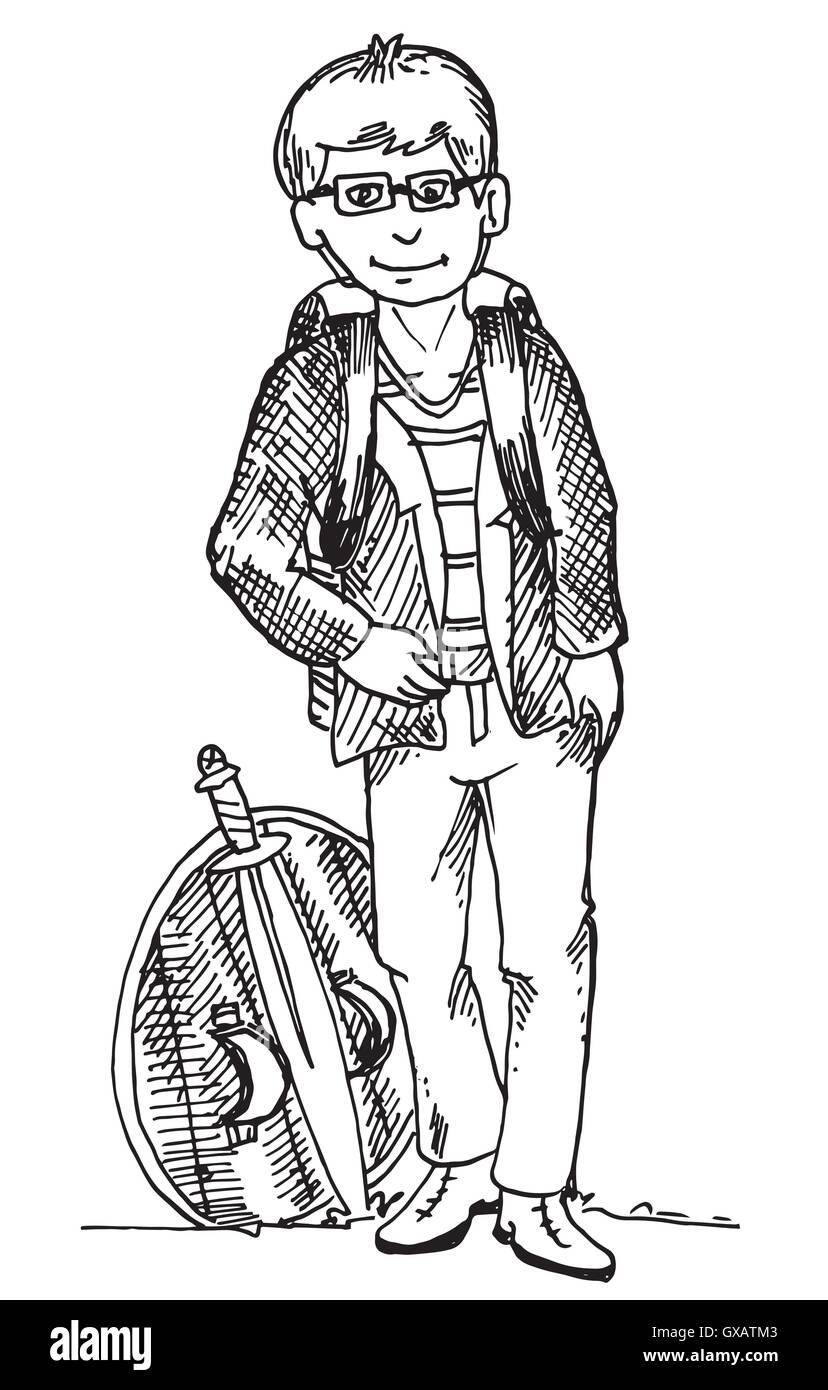 Jeune garçon de marcher seul avec le bouclier et l'épée Illustration de Vecteur