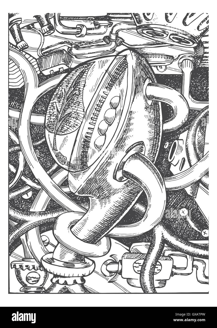 Des semences et des plantes futuristes incubator noir blanc illustration, faite par l'encre sur papier Illustration de Vecteur