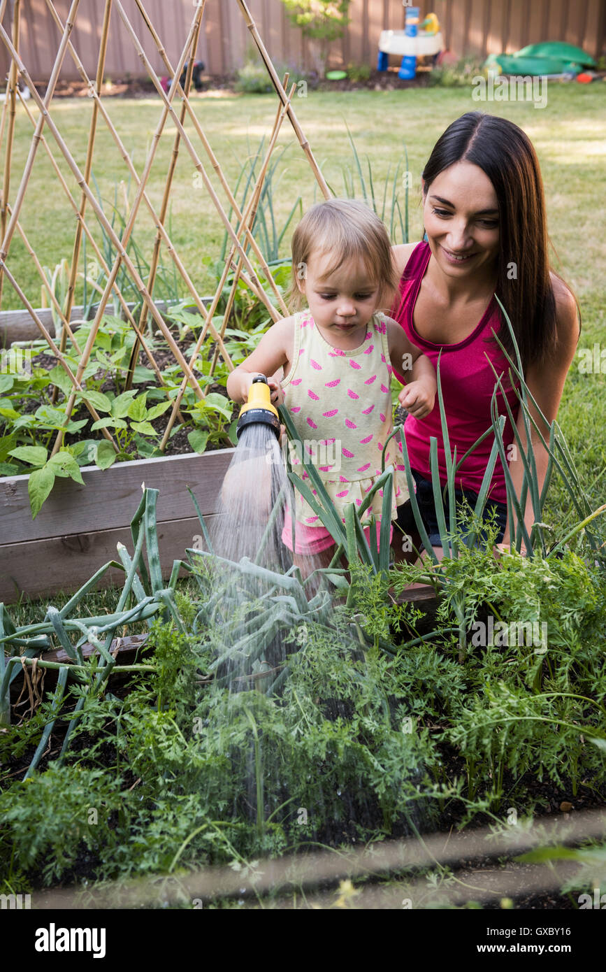 Mère et fille en jardin, arrosage des plantes ensemble avec flexible Banque D'Images Mère et fille en jardin, arrosage des plantes ensemble avec flexible Banque D'Images