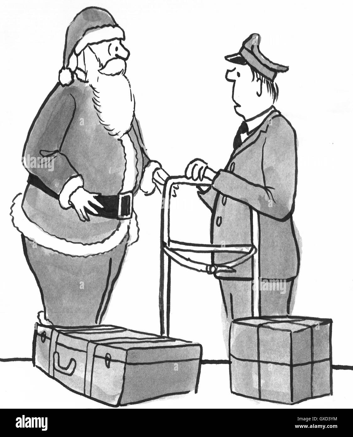 B&W illustration de Noël du Père Noël ramasser des paquets à l'aéroport. Banque D'Images