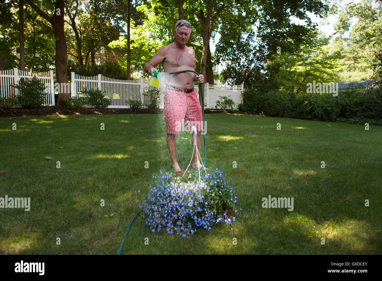 Man hanging basket fleur arrosage jardin Banque D'Images