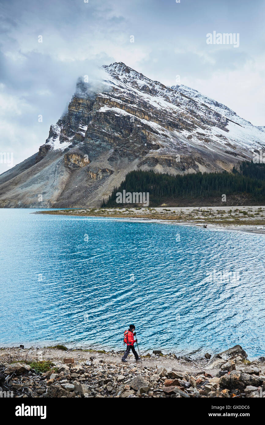 Randonneur randonnée le long du lac Bow, Banff, Alberta, Canada Banque D'Images