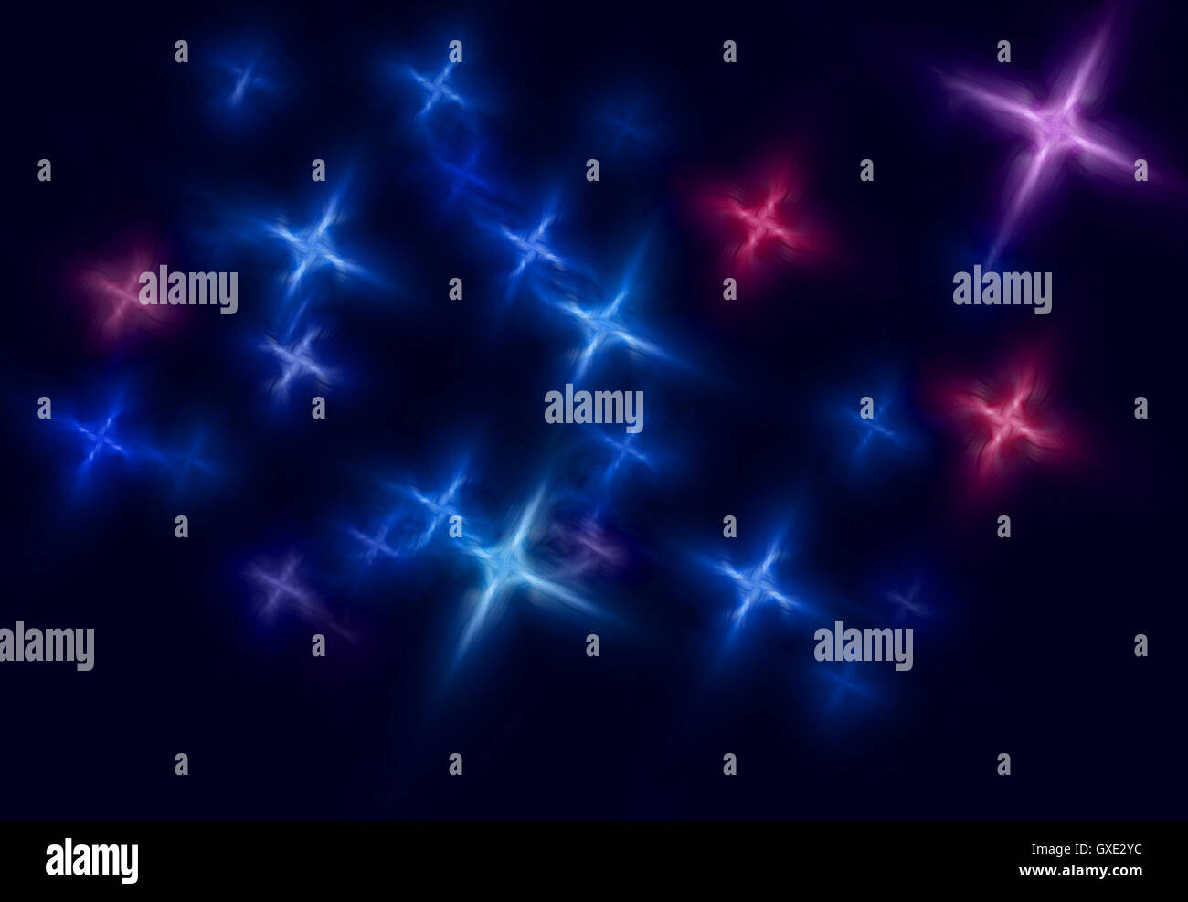 L'espace abstrait toile étoilée illustration composée d'étoiles bleues et rouges stylisées qui forment un motif sur fond sombre. Banque D'Images