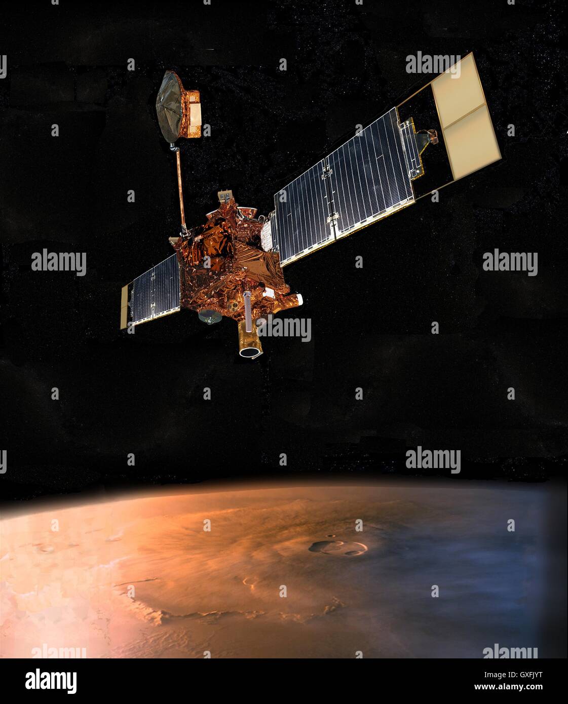 Un concept de l'artistes digital Mars Global Surveyor de la NASA volant au-dessus de Mars le 11 septembre 1997. Conçu par la NASA Jet Propulsion Laboratory, l'orbiteur américain sonde automatique a été lancé en 1996 pour une mission de cartographie de Programme d'exploration de Mars. Banque D'Images