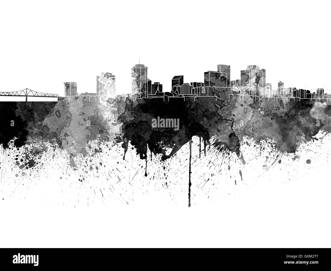 New Orleans skyline en noir Aquarelle sur fond blanc Banque D'Images