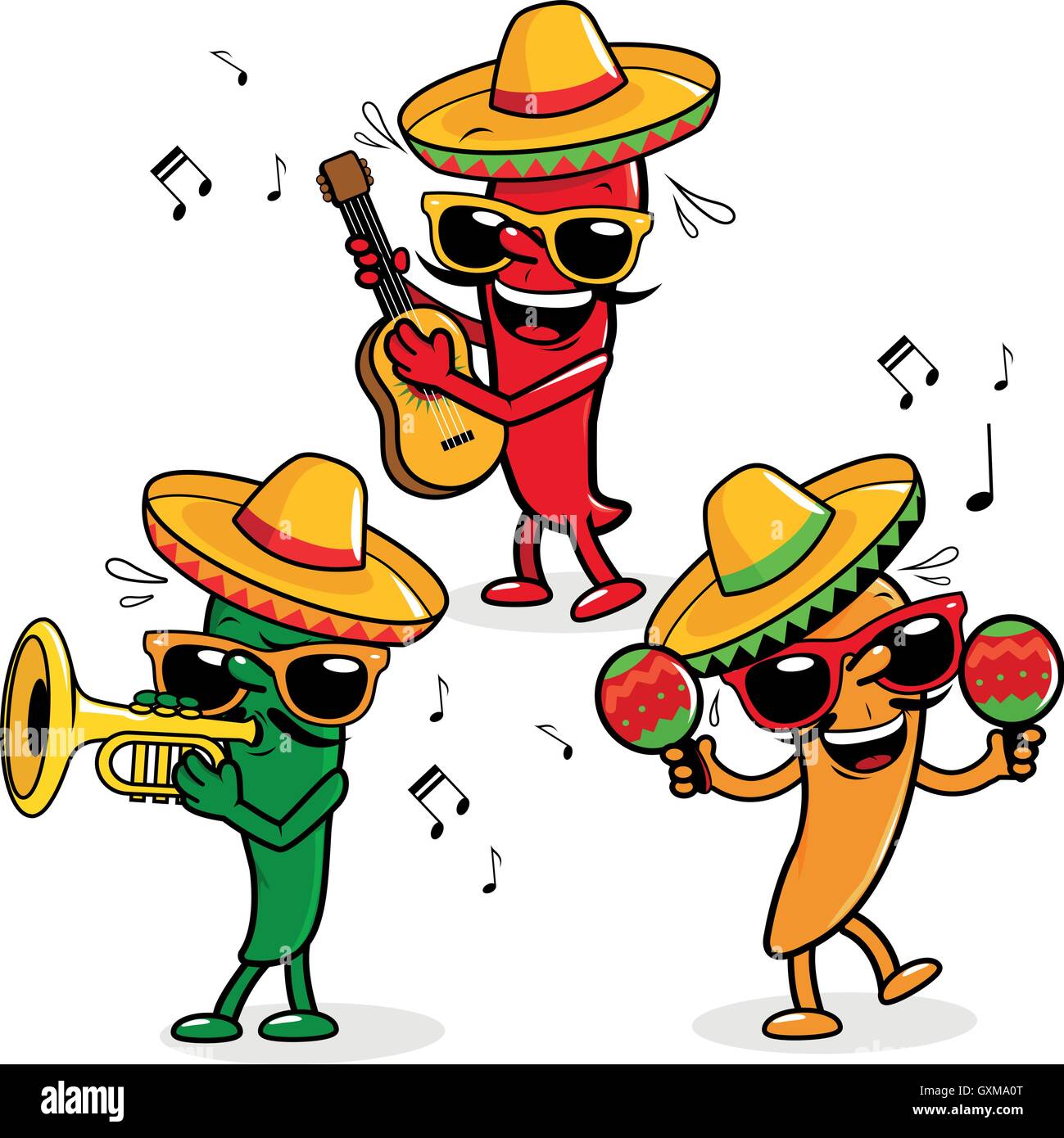 Dessin animé mariachi mexicain piments, jouer de la musique. Célébration Cinco de Mayo avec nourriture. Illustration vectorielle Illustration de Vecteur