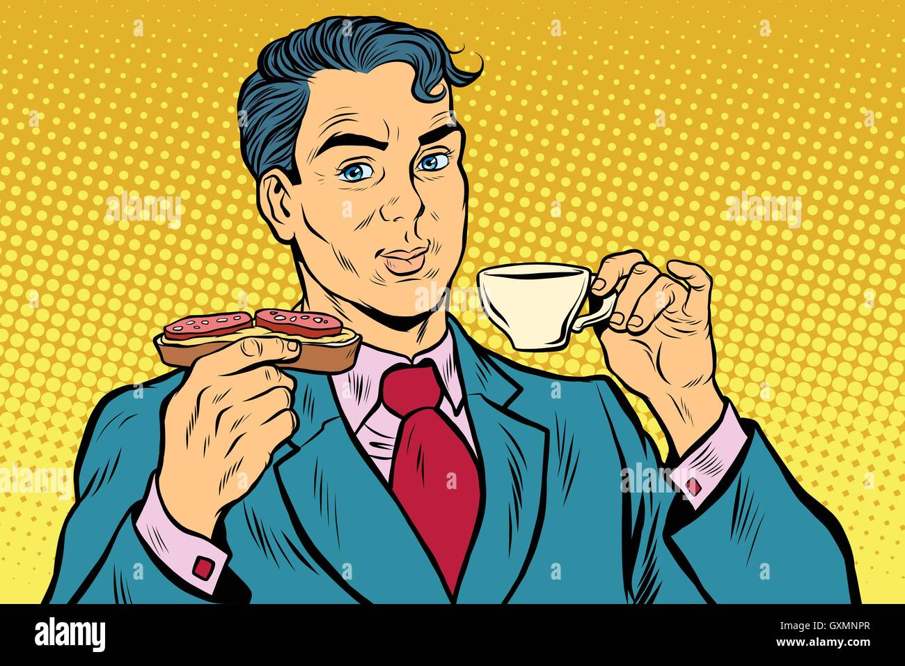 Retro businessman eating Breakfast, café et sandwich saucisse Illustration de Vecteur