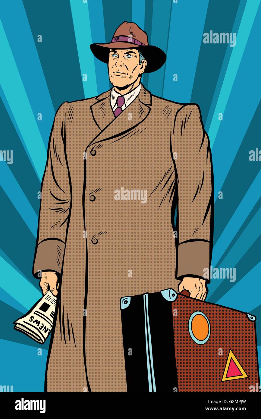 Retro homme en cape avec suitcase Illustration de Vecteur