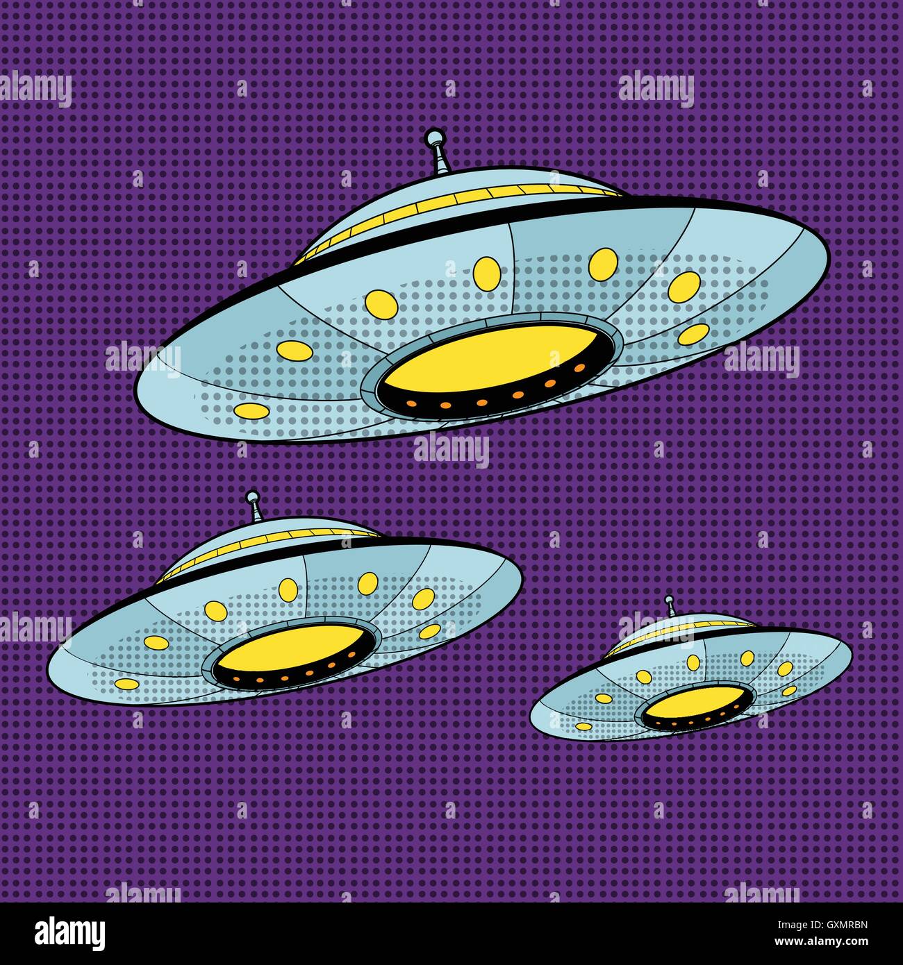 Trois OVNI voler à travers le ciel Illustration de Vecteur
