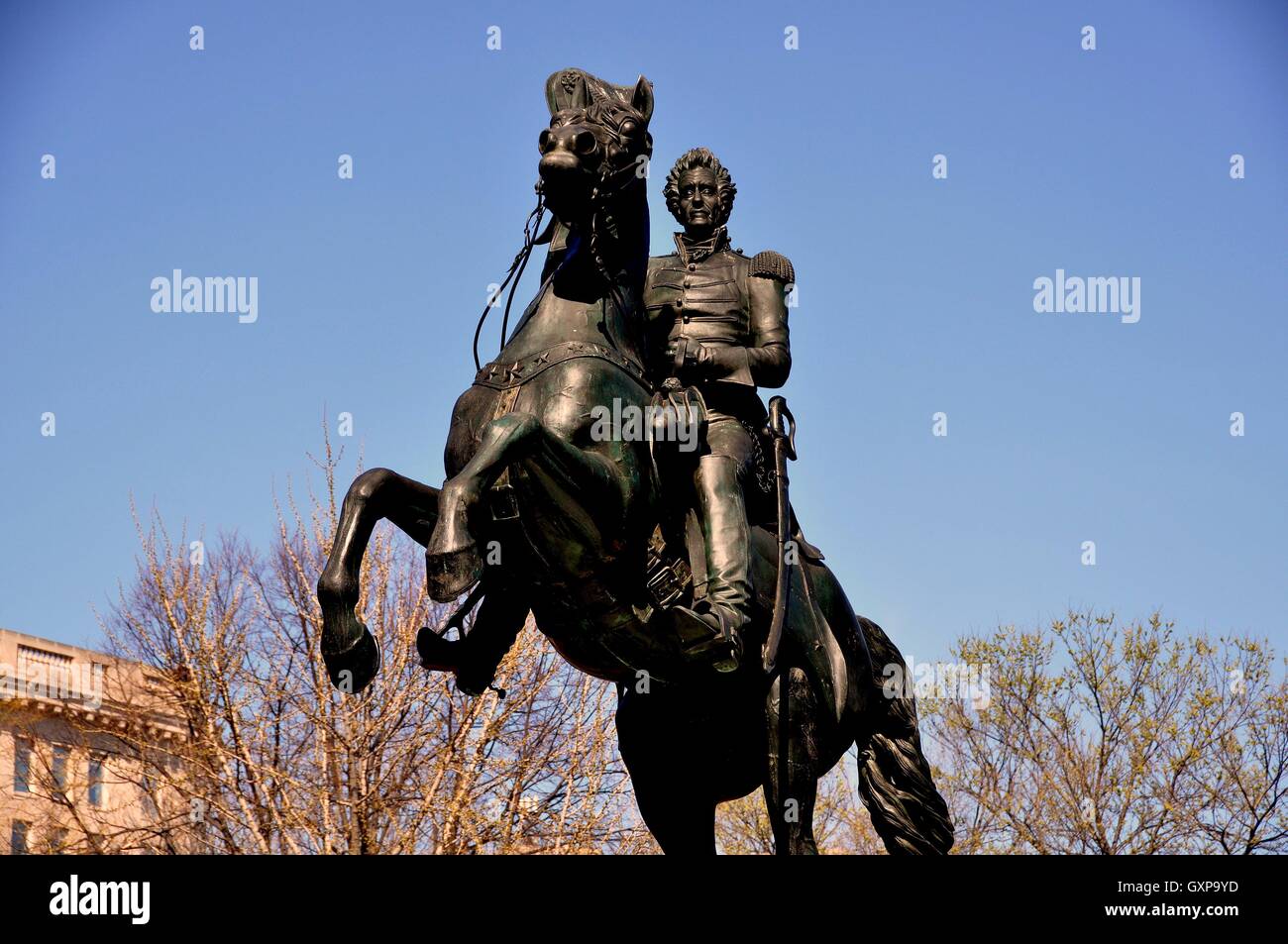 Washington, DC : statue équestre du président Andrew Jackson se trouve au centre de Lafayette Park Banque D'Images Washington, DC : statue équestre du président Andrew Jackson se trouve au centre de Lafayette Park Banque D'Images