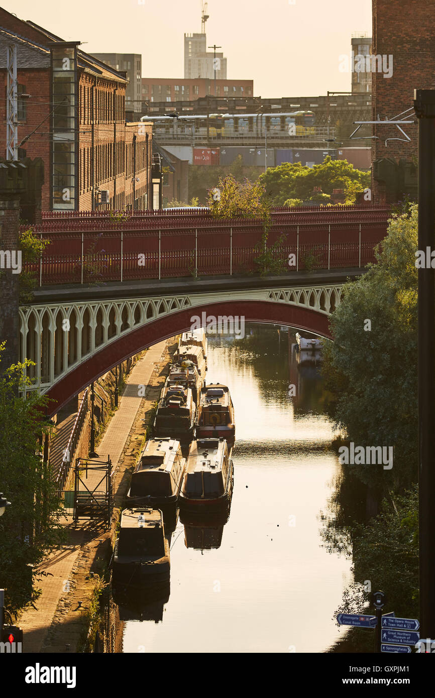 Castleield la canal de Manchester en viaduc viaduc bridge centre-ville, à l'architecture, golden sunshine sunny h Banque D'Images