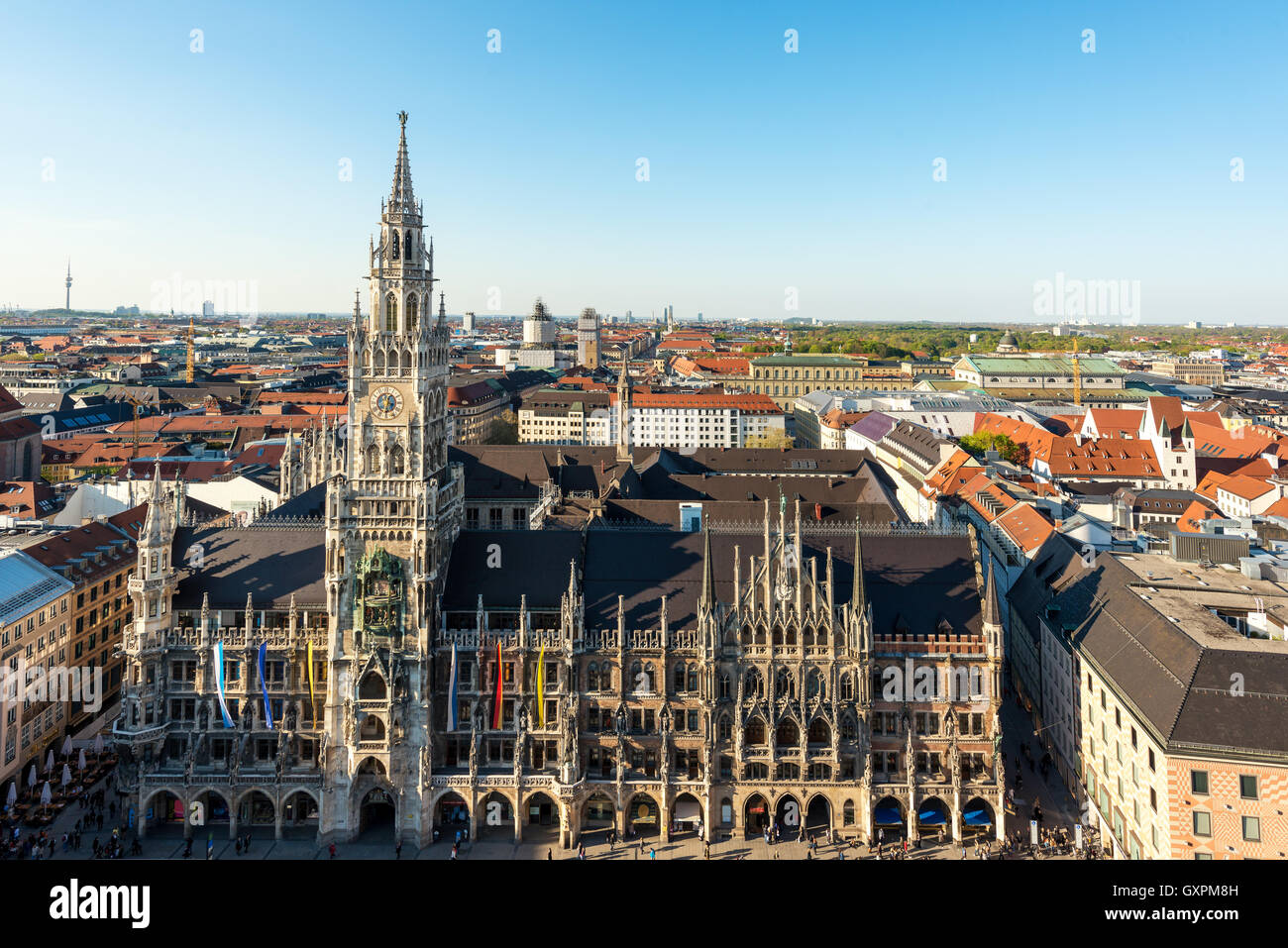 Vue aérienne sur l'hôtel de ville et la Marienplatz à Munich, Allemagne Banque D'Images