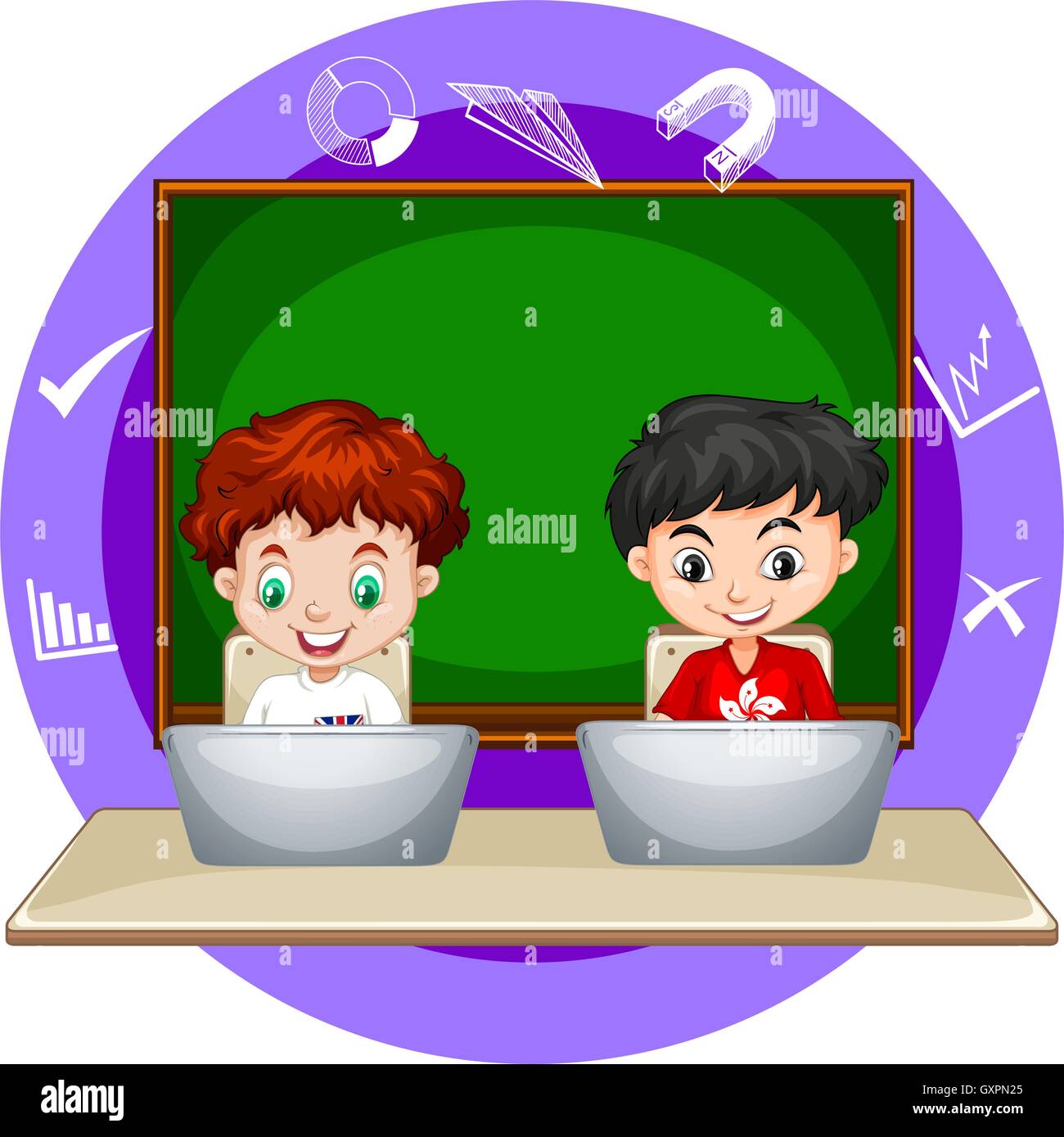 Deux garçons travaillant sur ordinateur portable ordinateur illustration Illustration de Vecteur