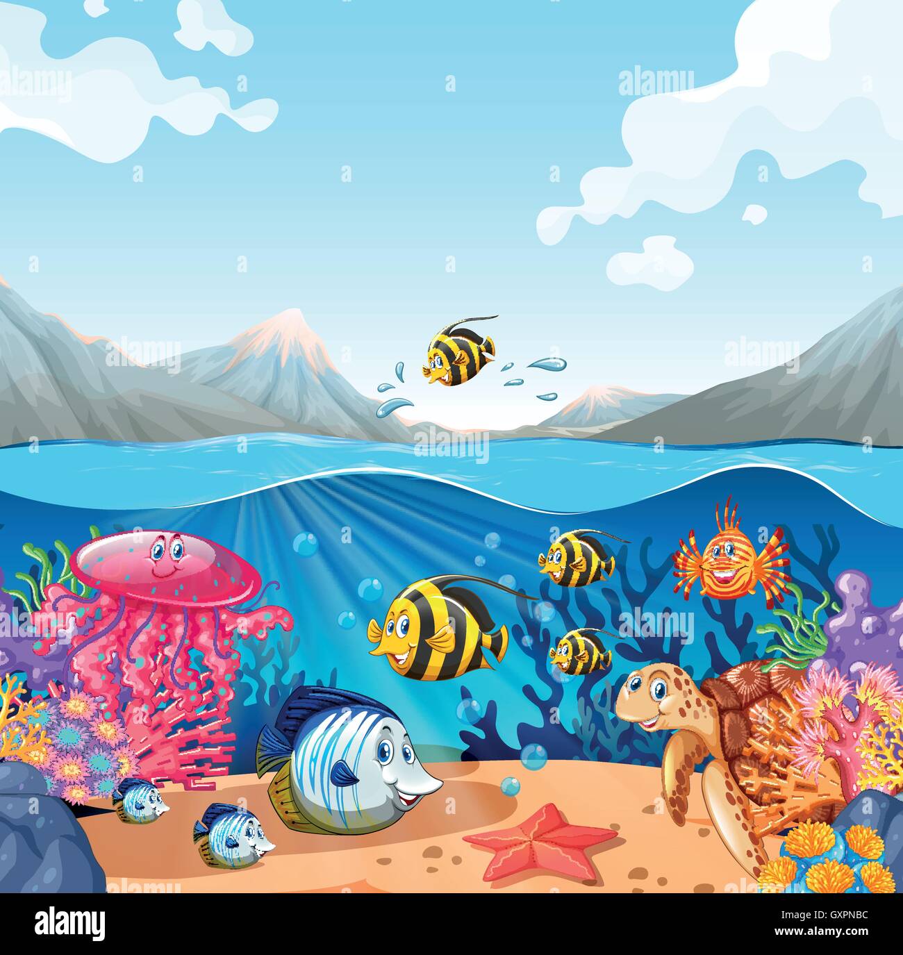 Scène de la nature avec des poissons et des tortues illustration Illustration de Vecteur