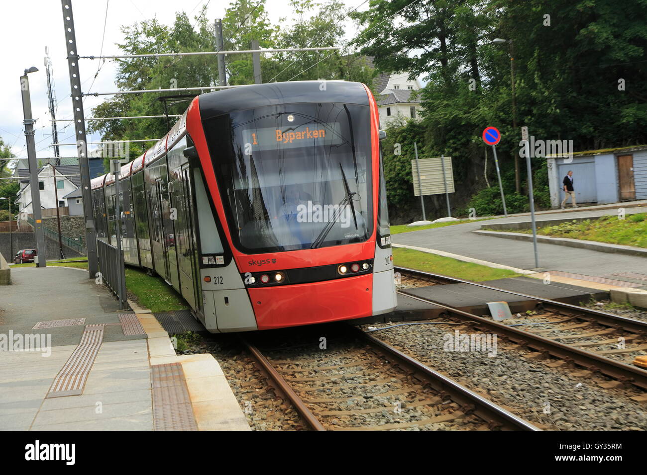 Système de transport léger sur rail city train tramway, Bergen, Norvège Byparken de destination Banque D'Images