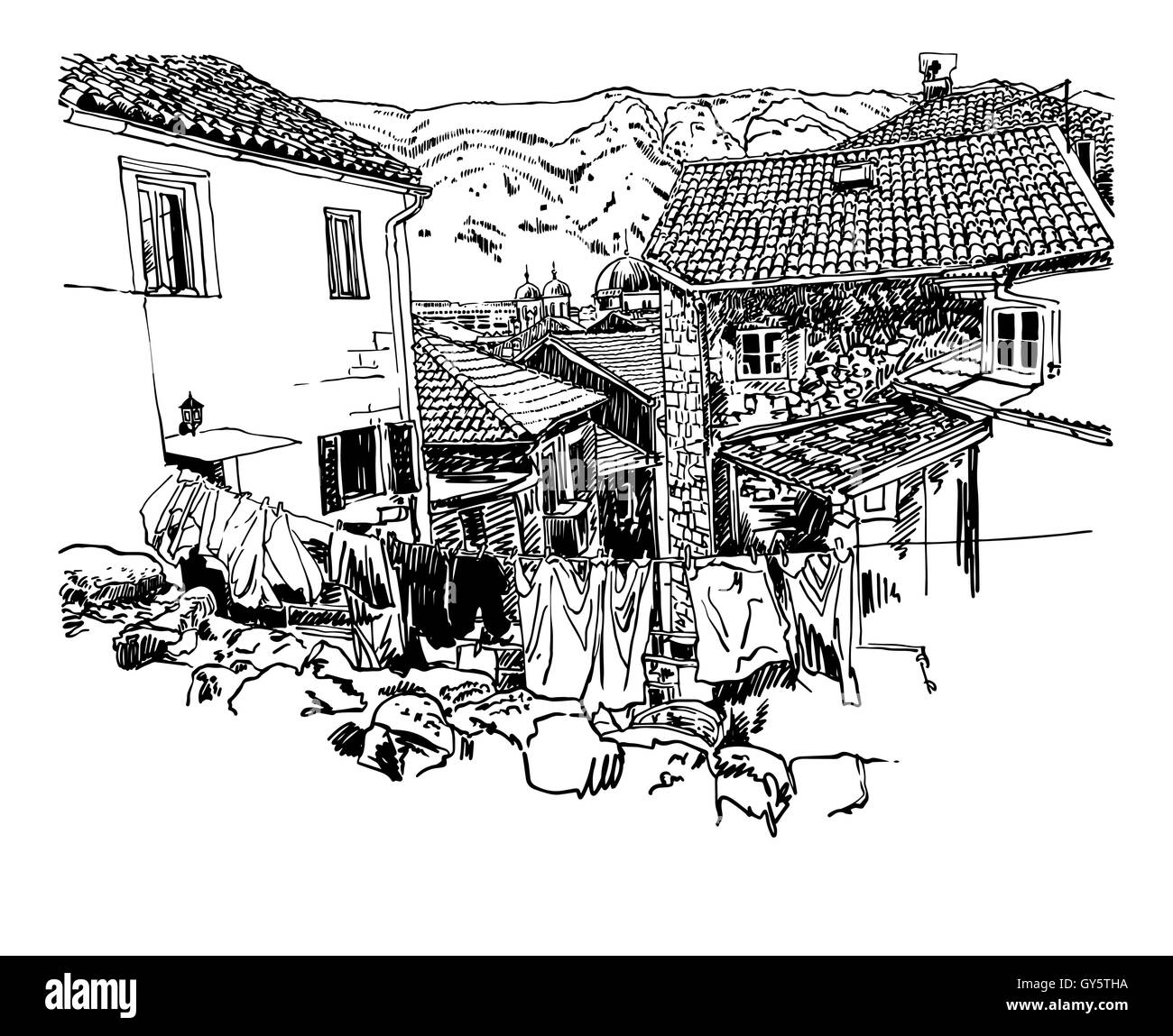 Esquisse de la vieille ville de Kotor, Monténégro vue vintage touris Illustration de Vecteur