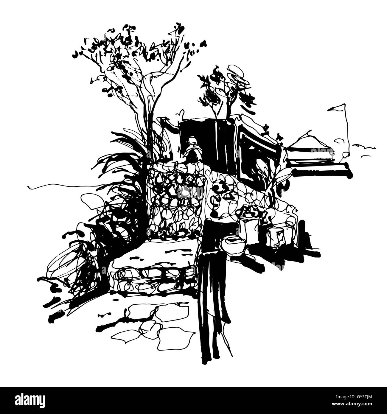 Dessin noir et blanc de Budva Monténégro vue sur la forteresse Illustration de Vecteur