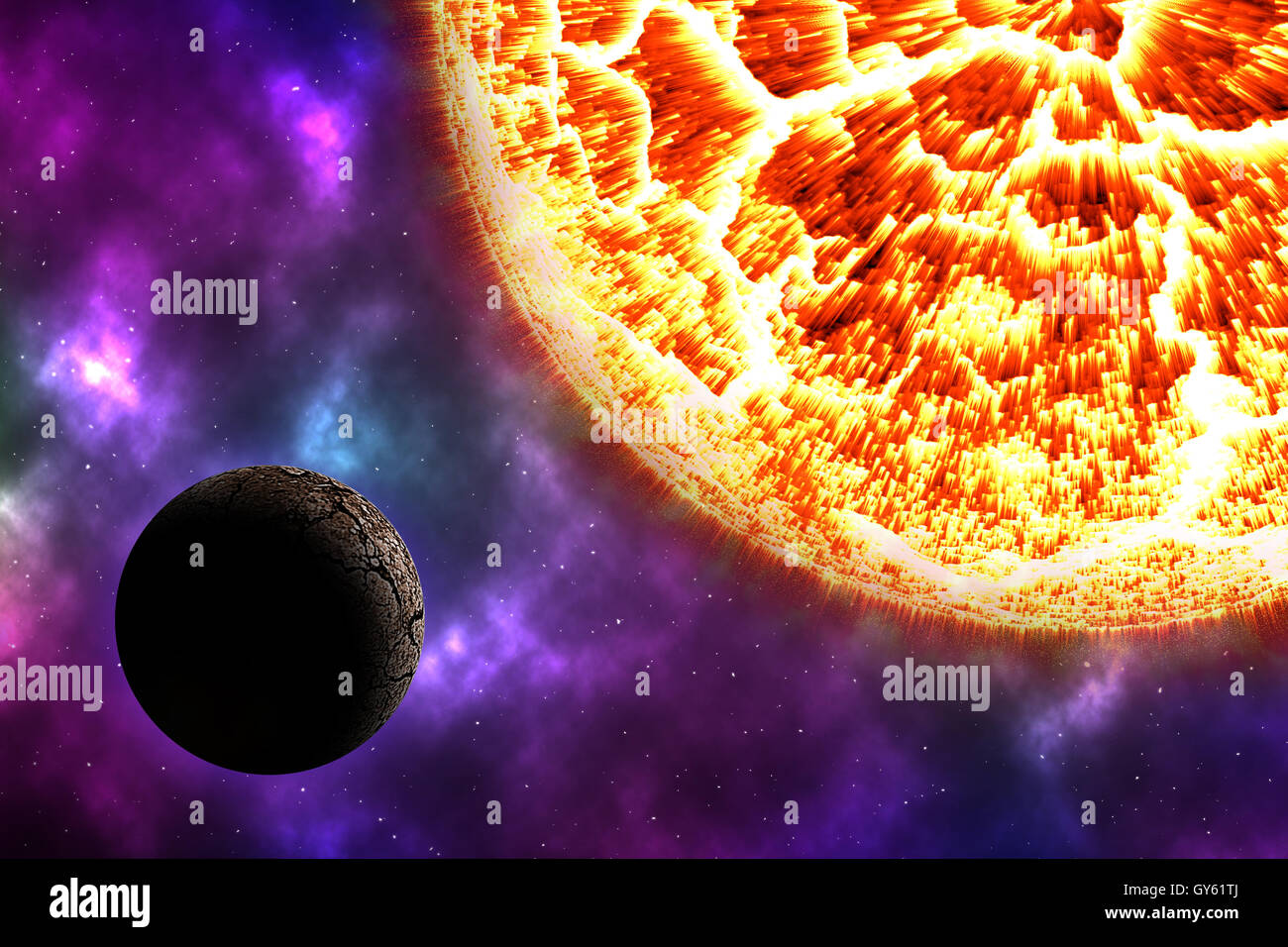 Brûlure solaire planète morte sur cosmos avec nébulaire colorés Banque D'Images