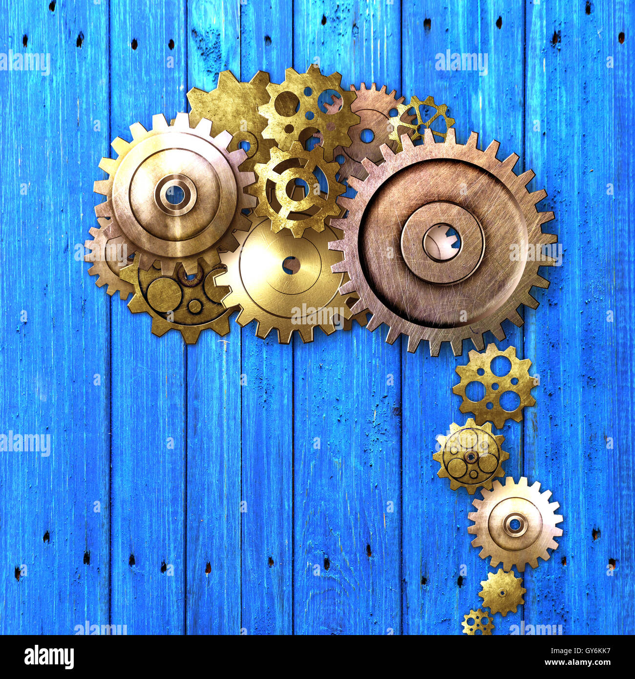 La conception de l'engrenage métallique ressemble à un cerveau humain sur bleu bois rustique. Illustration 3d design matériel. contexte et la texture. Banque D'Images