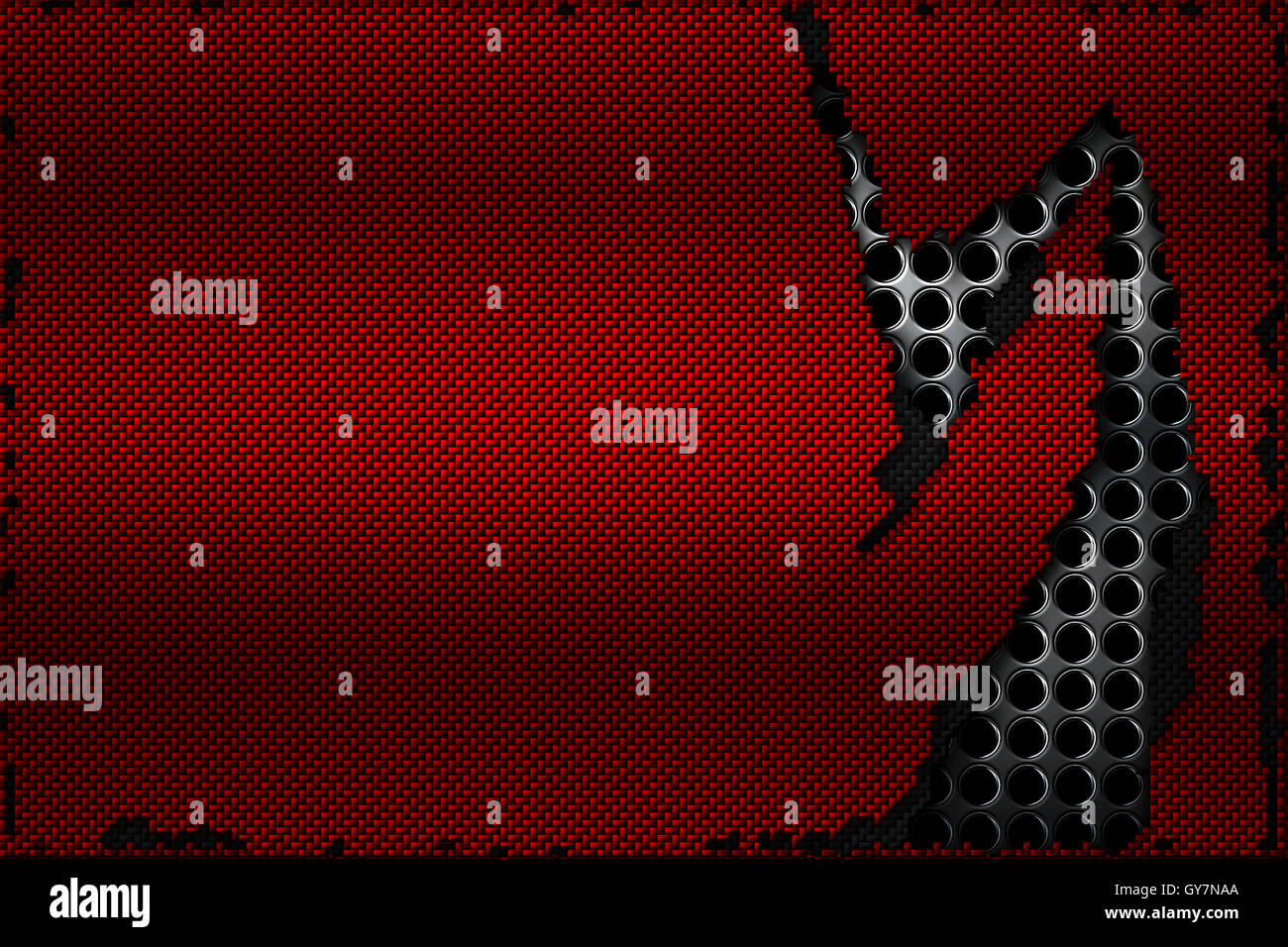 La fibre de carbone noir et rouge larme sur le grillage métallique noir. contexte et la texture. 3d illustration. Banque D'Images