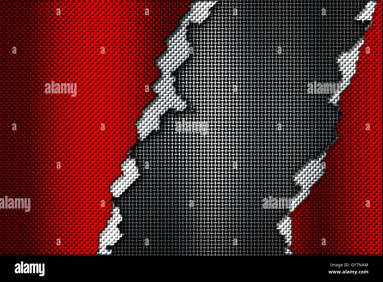 Le rouge et le blanc de la fibre de carbone la larme sur le grillage métallique noir. contexte et la texture. 3d illustration. Banque D'Images
