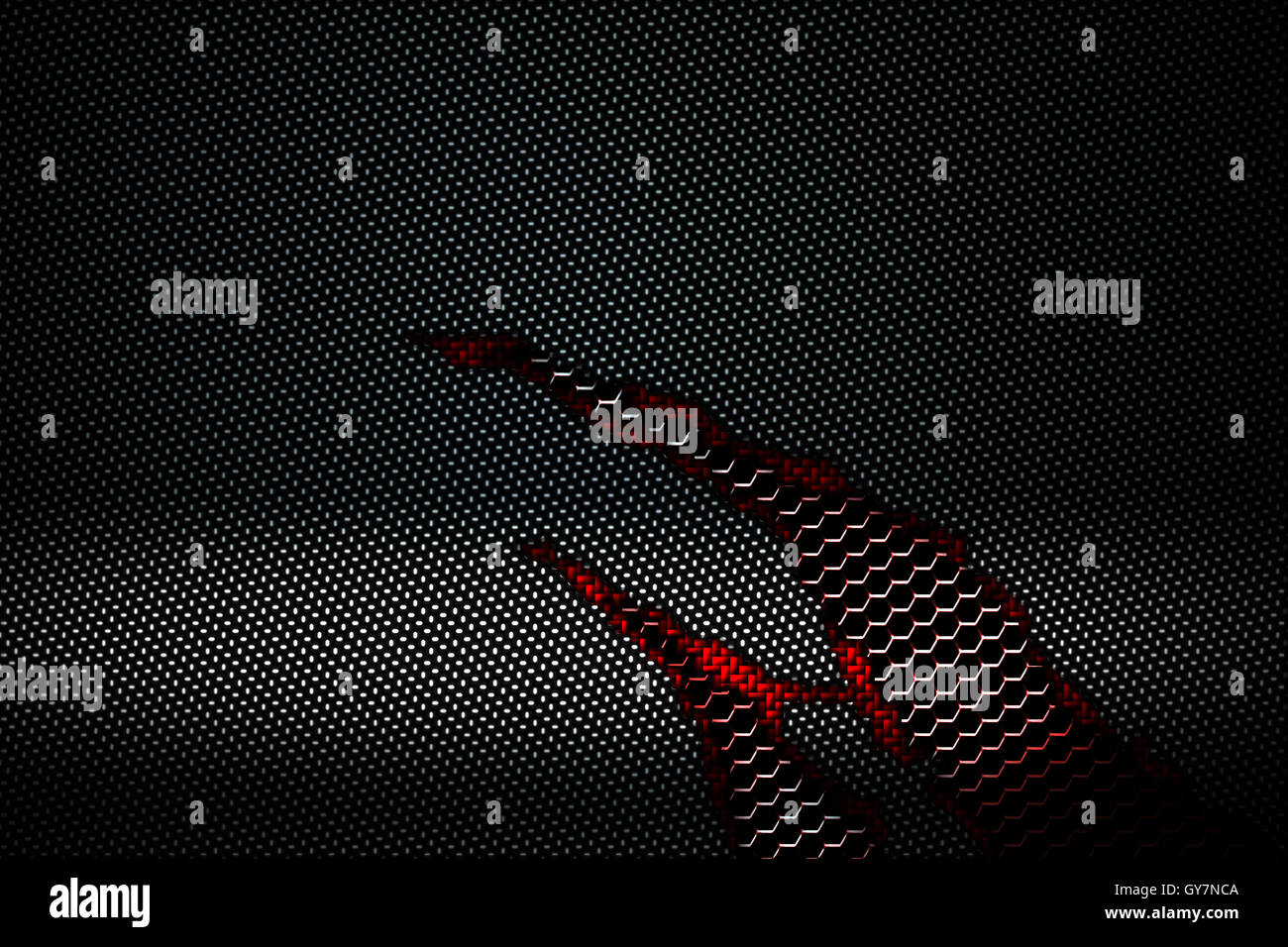 La fibre de carbone noir et rouge larme sur le grillage métallique rouge. contexte et la texture. 3d illustration. Banque D'Images