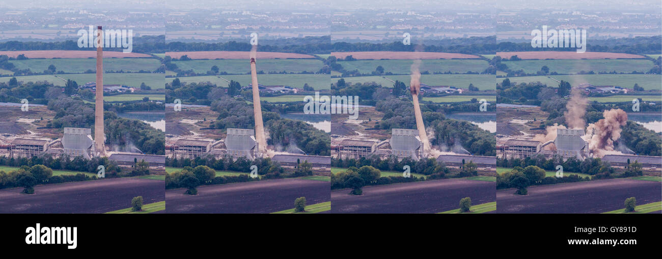 Westbury Wiltshire, Royaume-Uni. 18 septembre 2016. Des centaines de personnes se rassemblent pour surveiller la démolition de l'emblématique Hôtel Westbury, cimenterie, cheminée. Le monument qui est de 400 ft (122 mètres) de hauteur et presque aussi grand que Salisbury cathédrales spire avait dominé le paysage depuis le début des années 60. Une série d'explosions contrôlées ont amené la structure vers le bas à 7h00 dimanche matin. La chance Lily lycéenne Sargent a appuyé sur le détonateur du plongeur. Wayne Farrell/Alamy News Banque D'Images