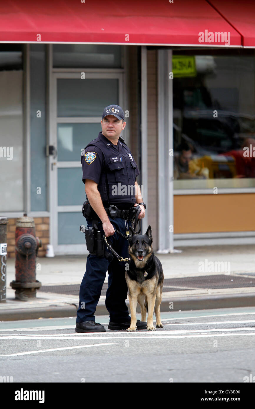 New York, États-Unis. 18 Sep, 2016. En commun avec la police garde canine la zone située à proximité de la ligne de métro train E sur la 8e avenue près de la 23e Rue, à deux rues à l'ouest de la nuit dernière, l'explosion du Chelsea de Manhattan à New York City. 29 personnes ont été blessées dans l'explosion, qui a été décrit par des fonctionnaires comme intentionnelle. Crédit : Adam Stoltman/Alamy Live News Banque D'Images