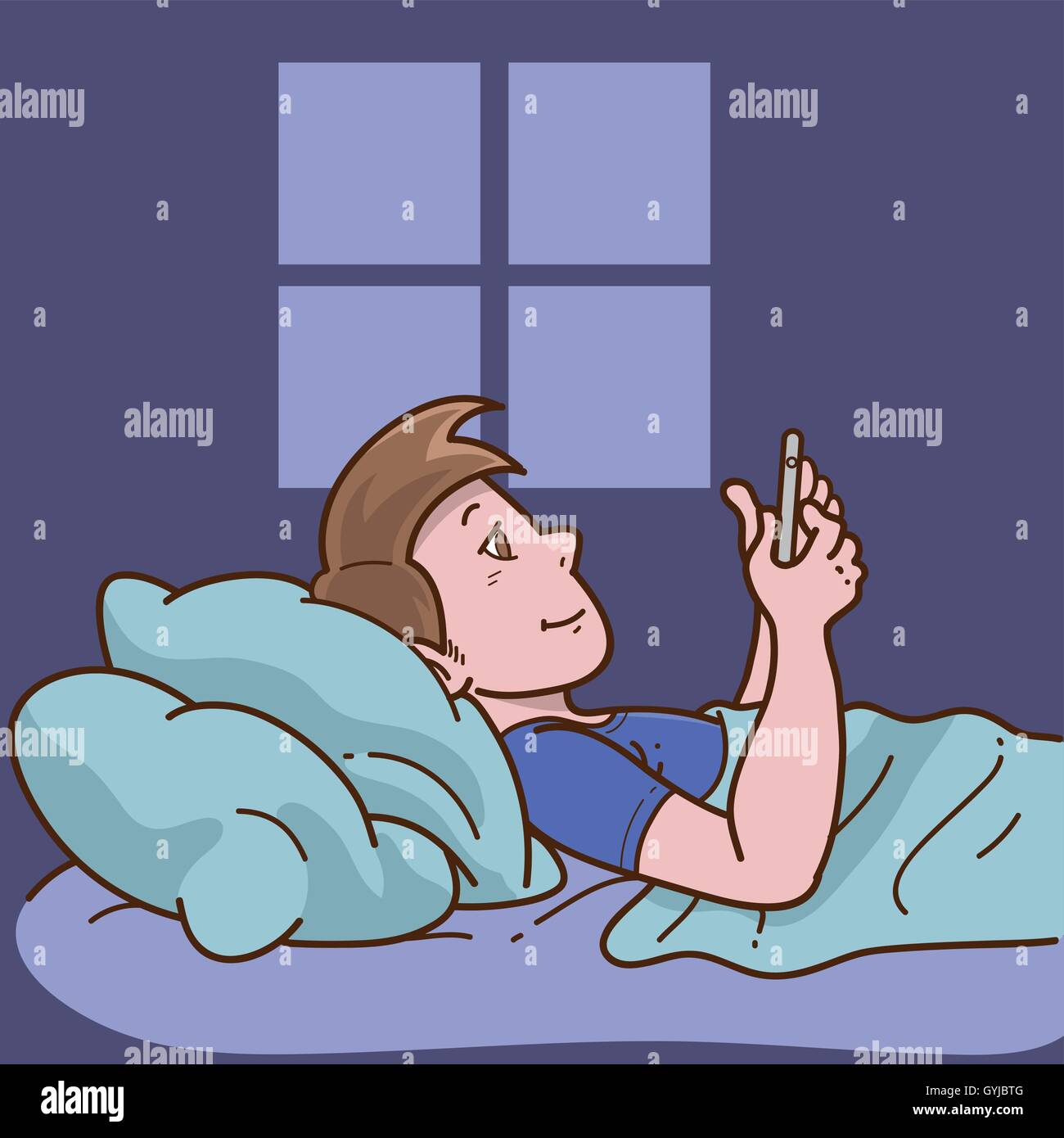 Man laying in bed et utilisation du téléphone Illustration de Vecteur