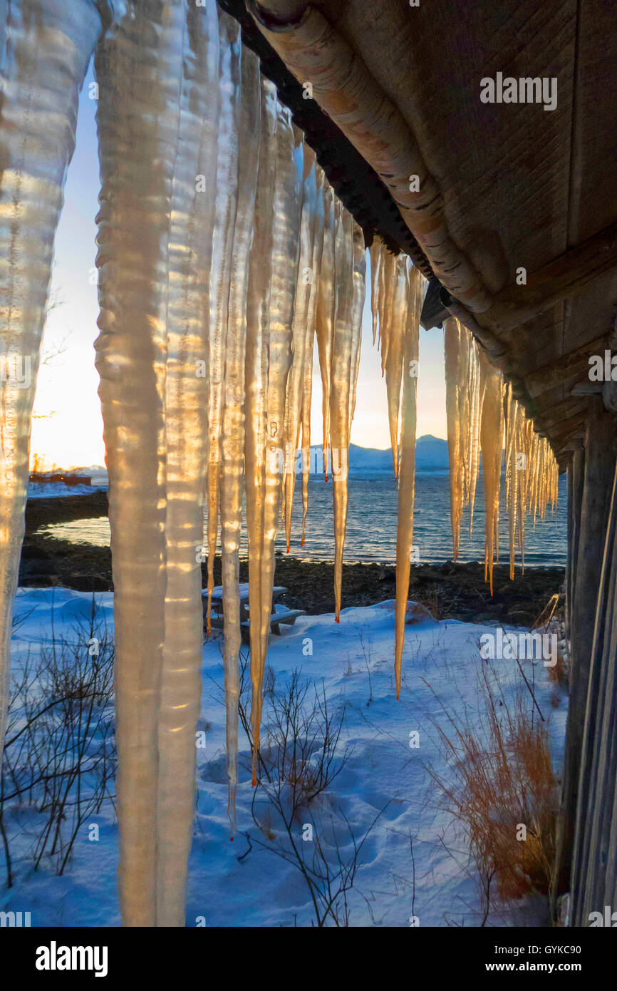 Les glaçons à la gouttière du toit, de la Norvège, Troms, Tromsoe Banque D'Images