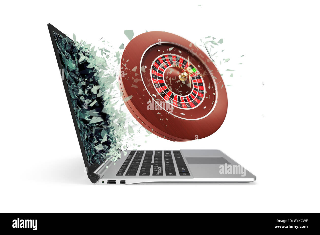 Le concept de casinos en ligne, décolle de l'ordinateur portable isolé sur fond blanc. 3d illustration Banque D'Images