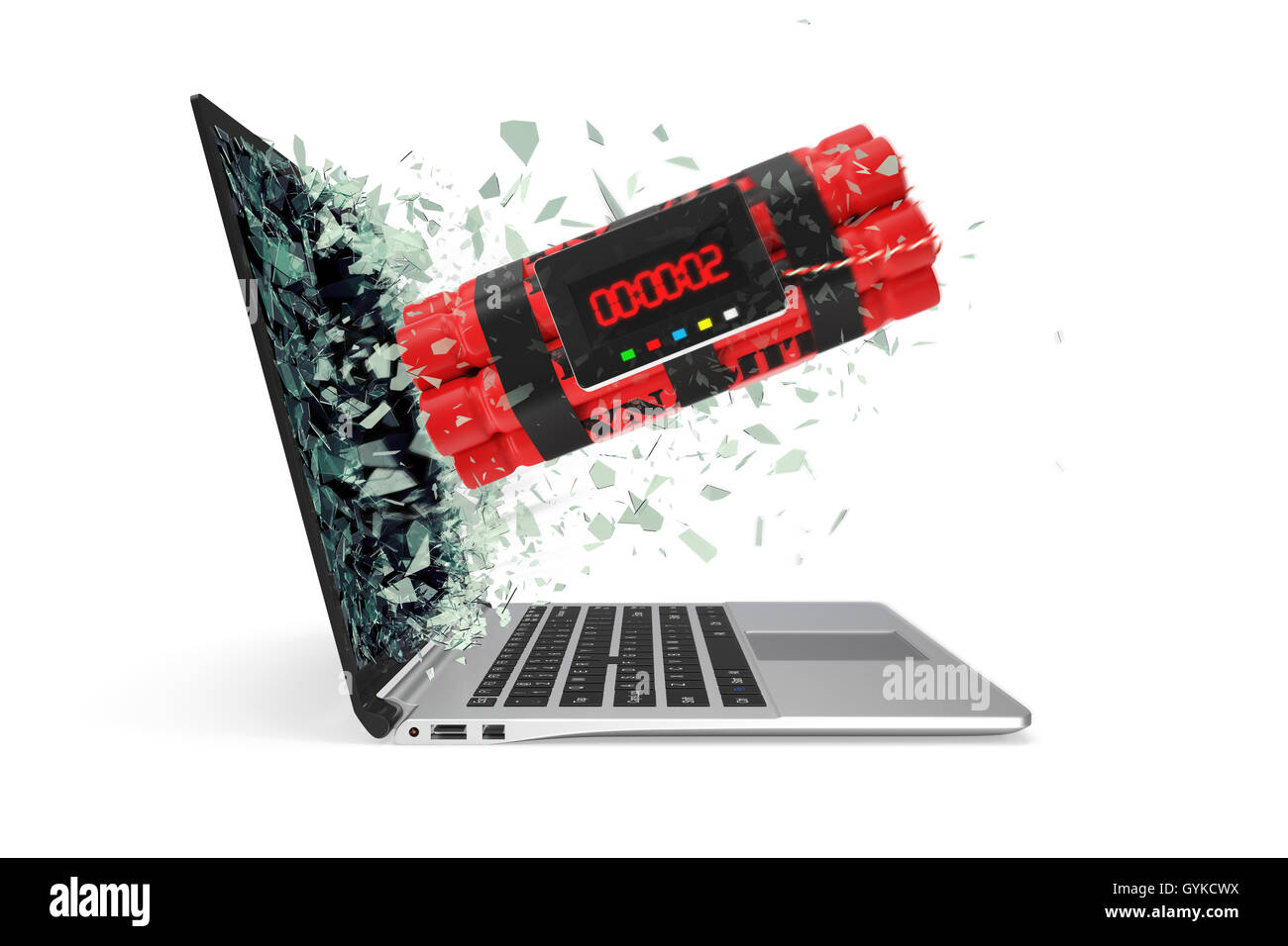 Minuterie tnt décolle de l'écran de l'ordinateur portable verre brisé en petites particules. 3d illustration Banque D'Images